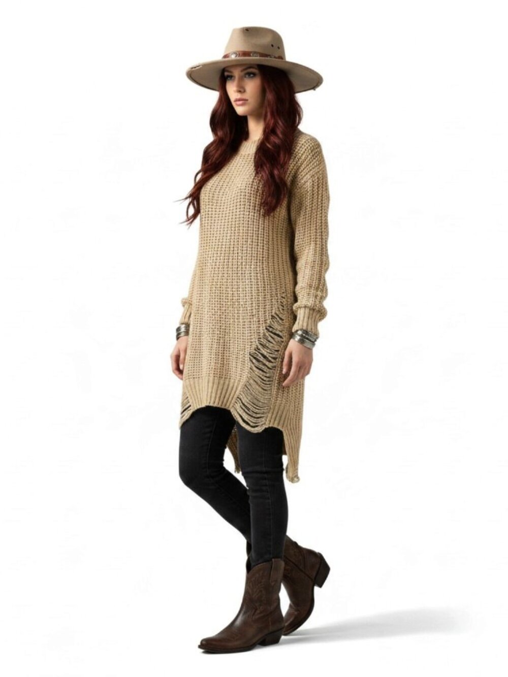 Beige Long Sleeve Crochet Knit Sweater Dress